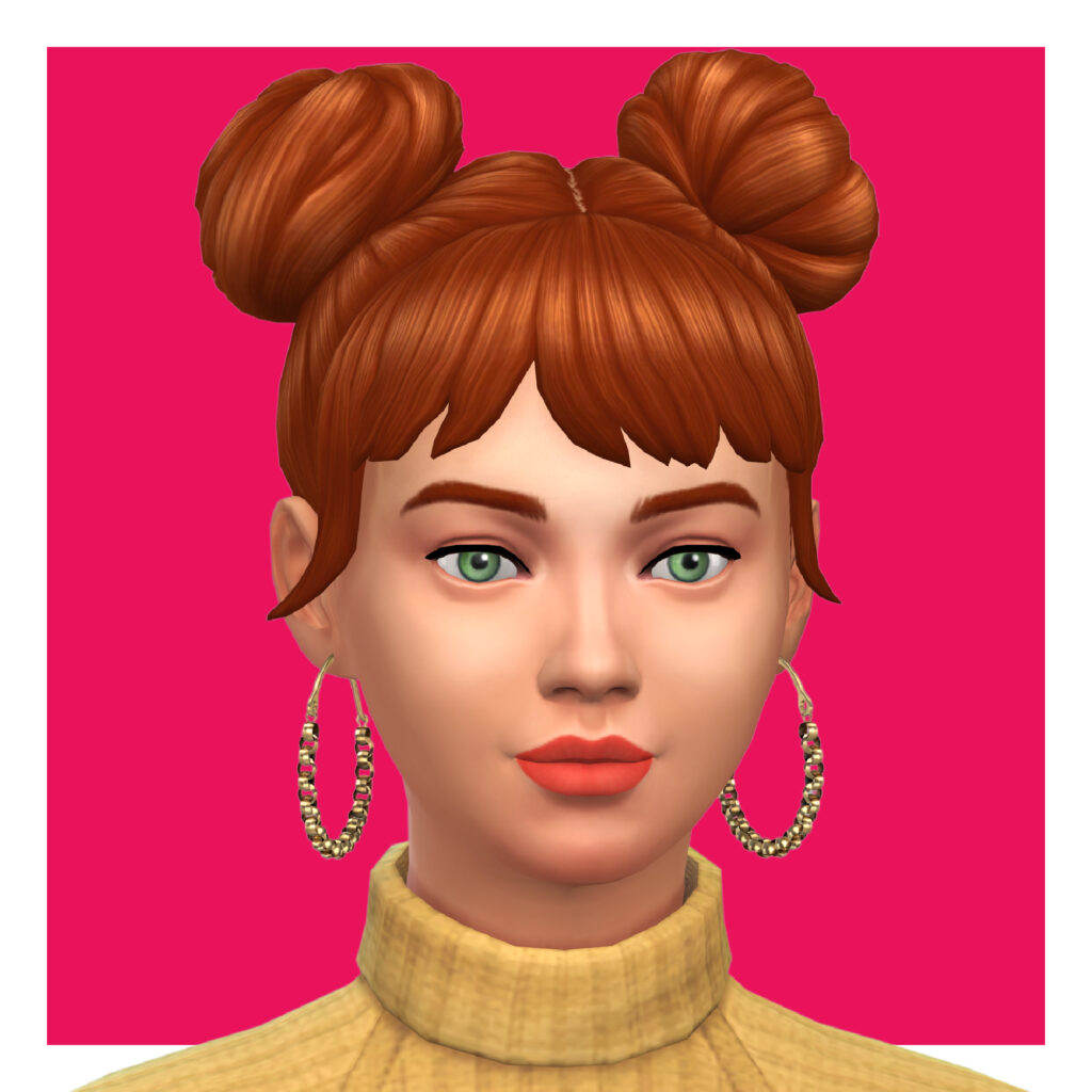 Un sim con cabello rojo en dos chongos y flequillo. Tiene ojos verdes y lleva un suéter amarillo, sus pendientes parecen una serie de pequeñas cadenas unidas. 