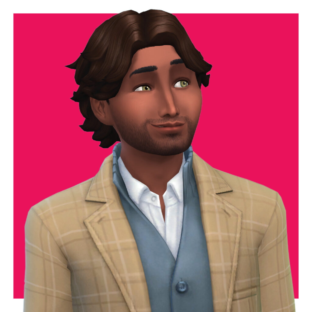 Un personaje masculino de Los Sims 4 que lleva una camisa abotonada con chaleco y una chaqueta de cuadros, su cabello de cc es corto