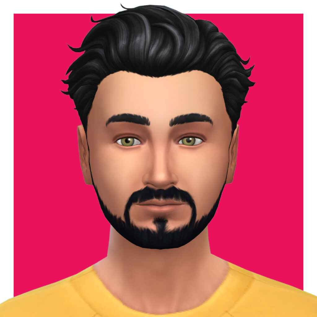 Un sim con pelo negro y barba negra que lleva una camiseta amarilla.
