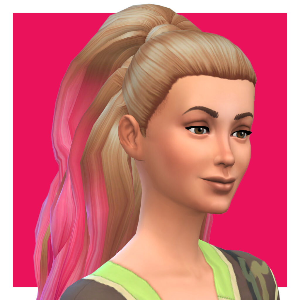 Un personaje femenino de Los Sims 4 en un fondo rosa fuerte. Esta sim lleva una camiseta verde y tiene el cabello recogido en una media cola alta, con el cabello teñido en degradado rubio a rosa.