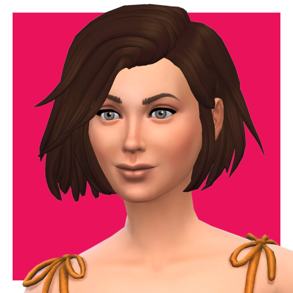 Un personaje femenino de Los Sims 4 sobre un fondo rosa brillante. Este sim lleva un top amarillo mostaza con lazos atados en la parte superior y tiene un cabello de cc que es un poco más largo que las orejas.