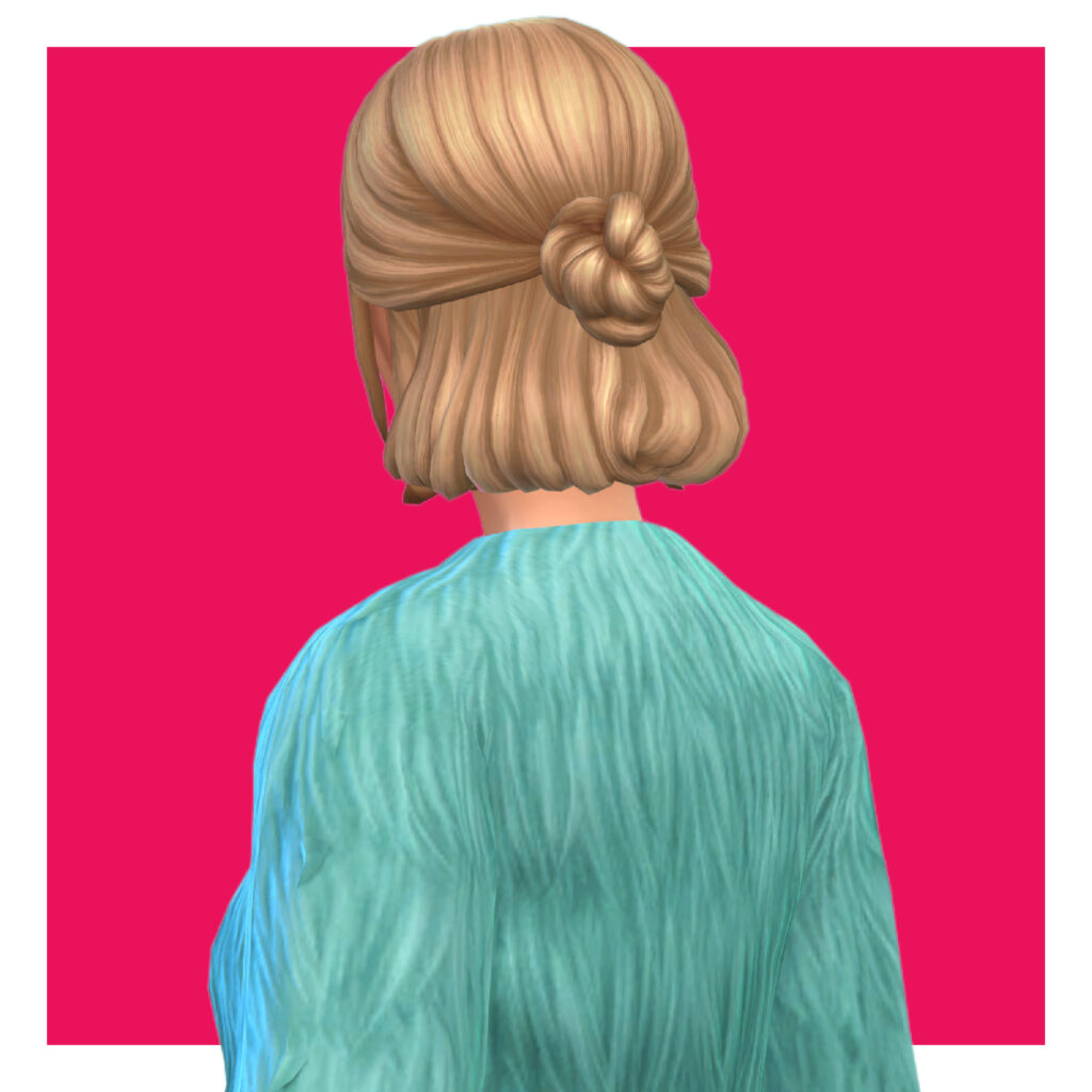 Un personaje femenino de Los Sims 4 en un fondo rosa caliente. Este sim está de espaldas a ti y lleva una chaqueta azul brillante con plumas. Tiene el pelo rubio justo debajo de las orejas, con la mitad recogida en un moño.