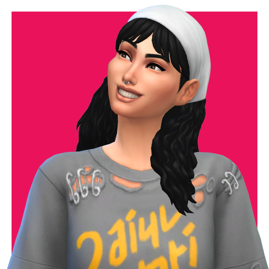 Un personaje femenino de Los Sims 4 en un fondo rosa fuerte. Esta sim está mirando hacia arriba y hacia la izquierda y tiene el pelo negro con una bandana blanca. Lleva una camiseta gris con agujeros y seguros que la mantienen unida.