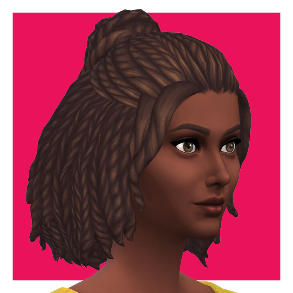 Un personaje femenino de Los Sims 4 en un fondo rosa brillante. Esta sim tiene su cabello texturizado recogido hacia arriba y hacia abajo con algunos mechones enmarcando el rostro.