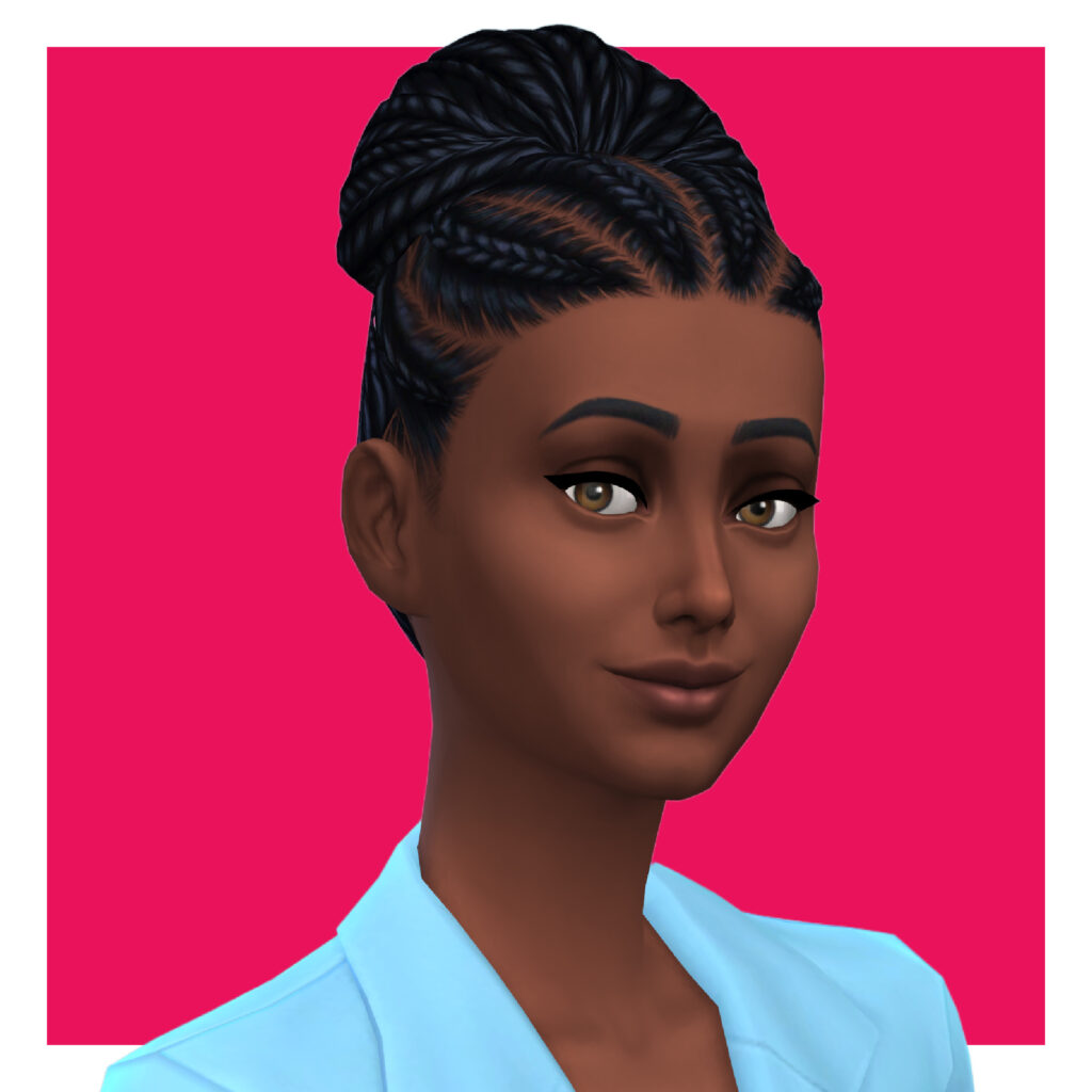 Un personaje femenino de Los Sims 4 sobre un fondo rosa brillante. Esta sim lleva una chaqueta azul brillante como camisa. Su cabello personalizado está recogido en un moño con trenzas que recogen el cabello desde el frente.