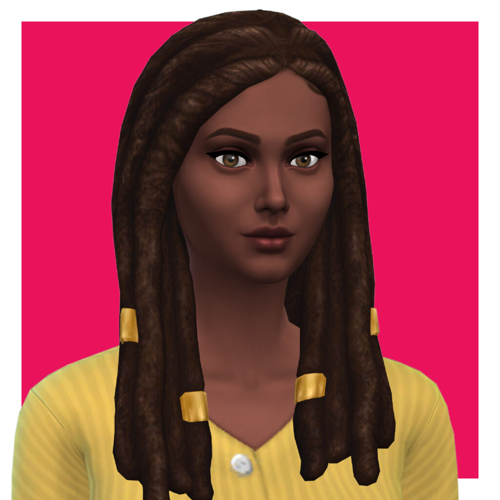 Un personaje femenino de Los Sims 4 en un fondo rosa fuerte. Este sim lleva una camiseta amarilla brillante y tiene ojos marrones. Su pelo de cc está en rastas con pequeños adornos dorados alrededor.