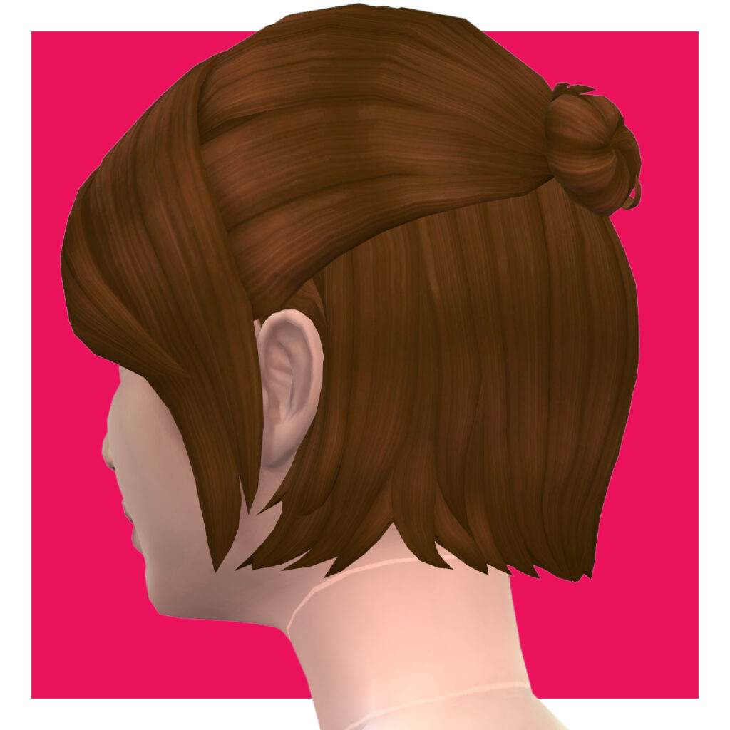 Un personaje femenino de Los Sims 4 en un fondo rosa brillante. Esta sim está mirando hacia la izquierda, donde no se puede ver su rostro. Su cabello es aproximadamente una pulgada más largo que sus orejas y está medio recogido con flequillo enmarcando el rostro.