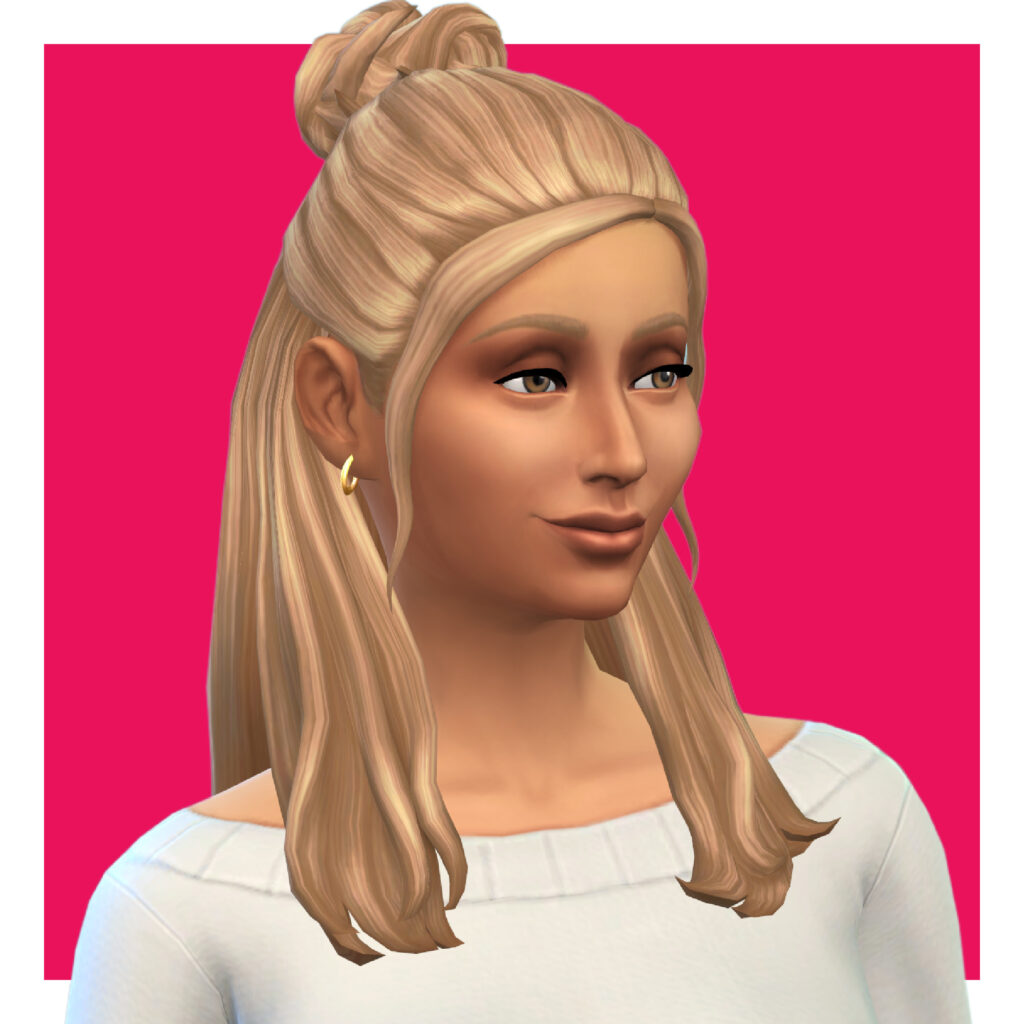 Un personaje femenino de Los Sims 4 sobre un fondo rosa brillante. Esta sim lleva una camiseta blanca de cuello ancho y aretes. Su cabello cc está medio recogido con un mechón que enmarca el rostro. La sección recogida está en un moño.