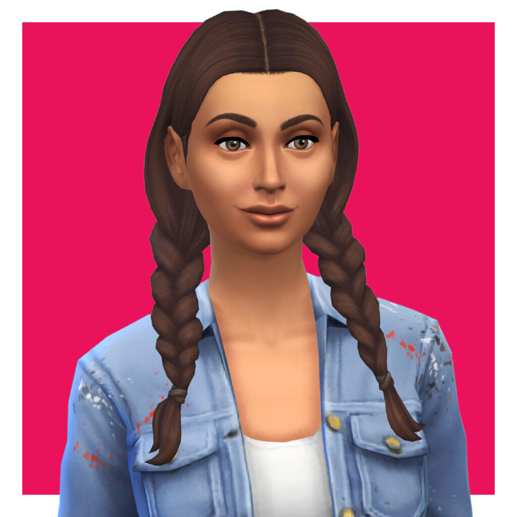 Un personaje femenino de Los Sims 4 en un fondo rosa brillante. Este personaje tiene el cabello en trenzas que caen frente al cuerpo y lleva puesto una chaqueta de mezclilla y una camiseta blanca.