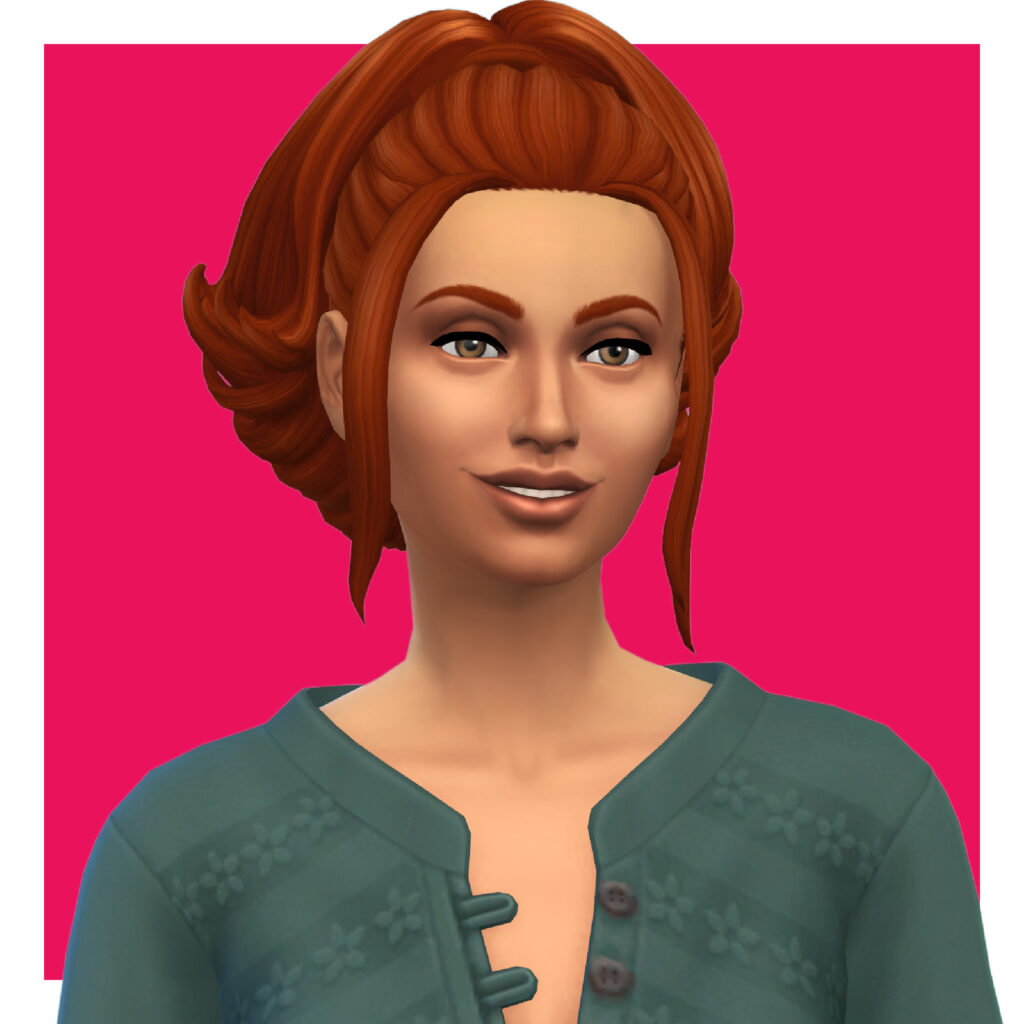 Un personaje femenino de Los Sims 4 en un fondo rosa intenso. Esta sim tiene el cabello rojo brillante y lleva una camiseta turquesa con escote abierto y botones.