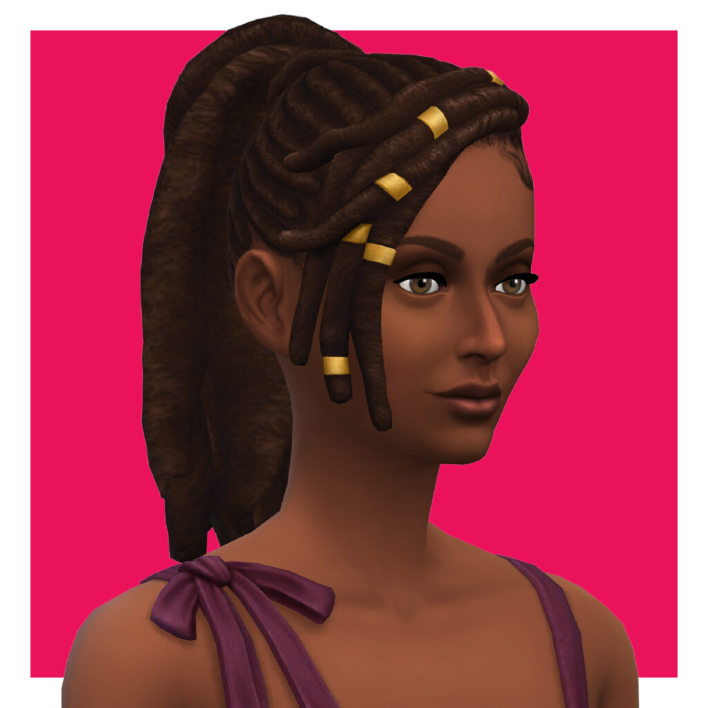 Un personaje femenino de Los Sims 4 sobre un fondo rosa fuerte. Esta sim lleva puesto un top morado en el que una de las correas forma un lazo. Tiene sus rastas texturizadas en una cola de caballo en la parte superior de su cabeza y las piezas delanteras tienen adornos dorados alrededor del pelo.
