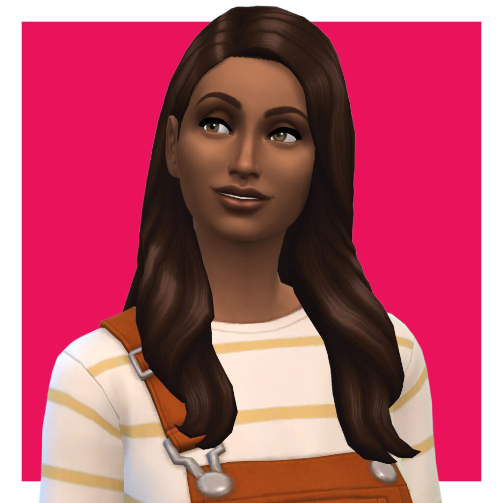 Un personaje femenino de Los Sims 4 sobre un fondo rosa caliente. Esta sim lleva una camisa a rayas blancas y amarillas debajo de un par de overoles. Tiene su pelo castaño suelto con una raya lateral y un lado recogido detrás de la oreja.