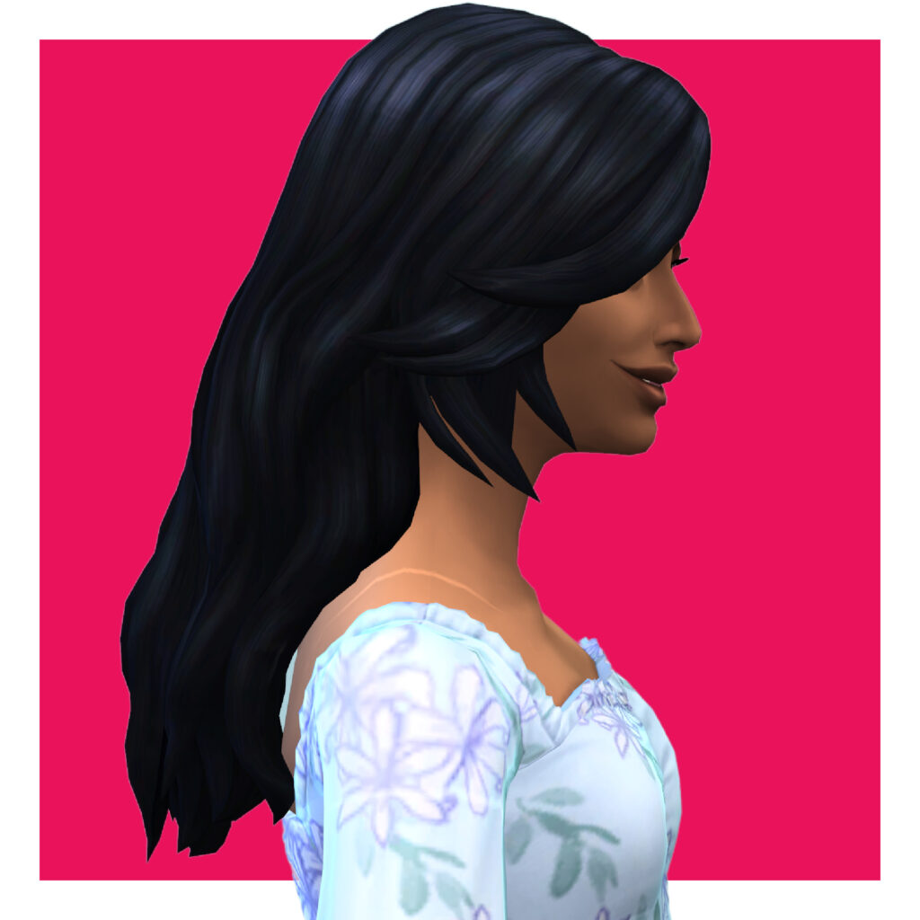 Un personaje femenino de Los Sims 4 sobre un fondo rosa caliente. Esta sim está mirando hacia la derecha y lleva un vestido floral azul. Tiene el pelo negro detrás de su espalda.
