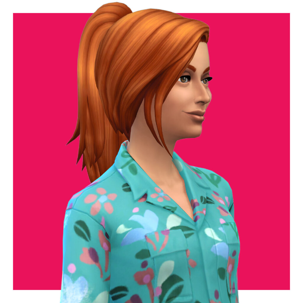 Un personaje femenino de Los Sims 4 sobre un fondo rosa fuerte. Esta sim lleva puesto un mono turquesa cubierto de flores, tiene el cabello rojo recogido en una cola de caballo con muchos flequillos.