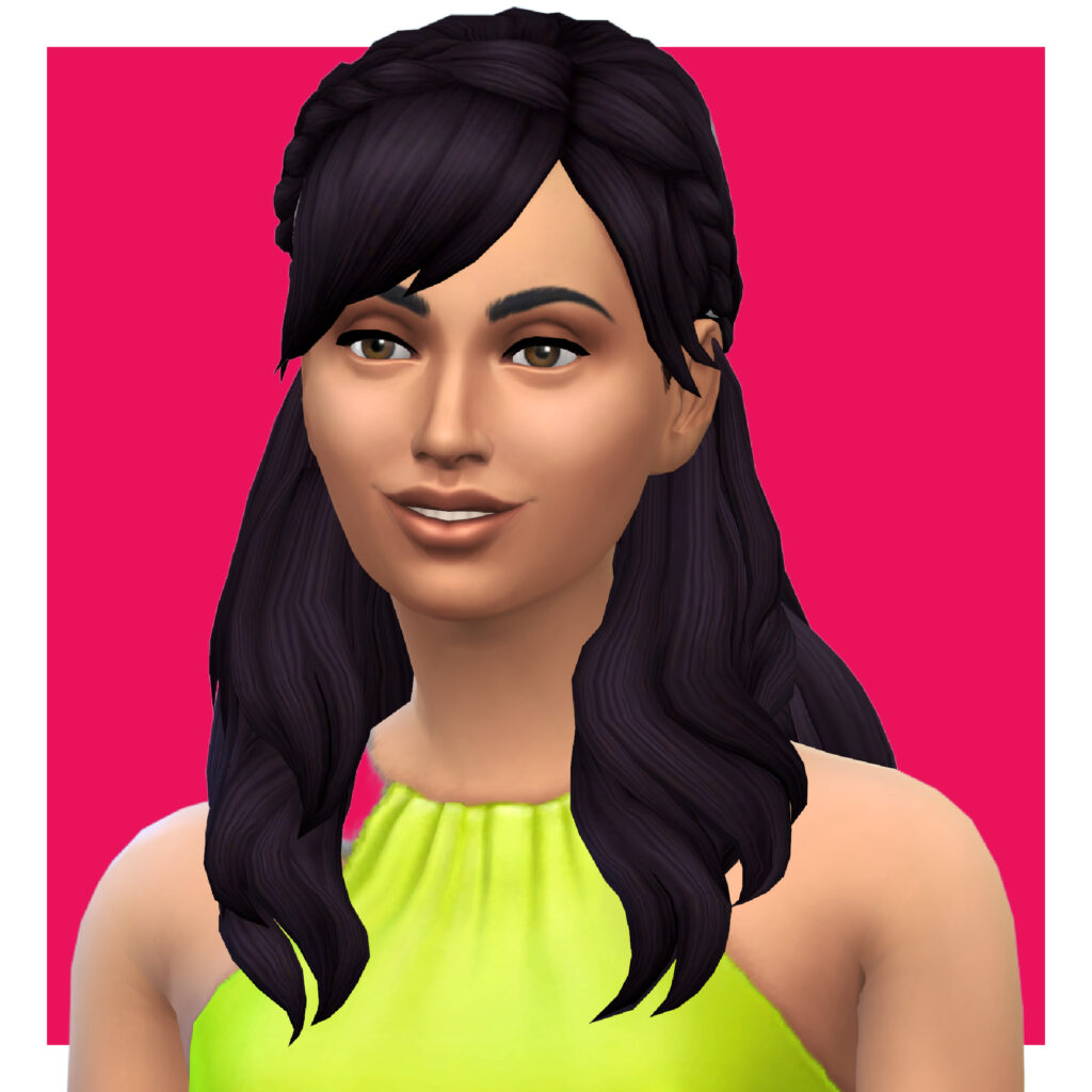 Un personaje femenino de Los Sims 4 sobre un fondo rosa intenso. Este personaje lleva una camiseta verde neón brillante y pelo negro. Tienen el pelo rizado con la mitad de él recogido y los flequillos divididos en el centro.