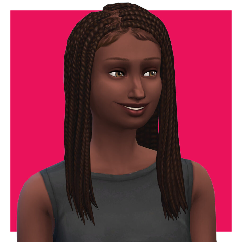 Un personaje femenino de Los Sims 4 en un fondo rosa caliente. Esta sim lleva una camiseta de tirantes anchos de color gris oscuro. Tiene un peinado con textura natural trenzada.