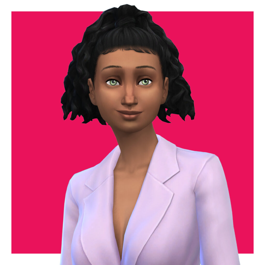 Un sim vistiendo una chaqueta de traje de color lavanda como parte superior. Tiene el cabello recogido en una cola de caballo alta.