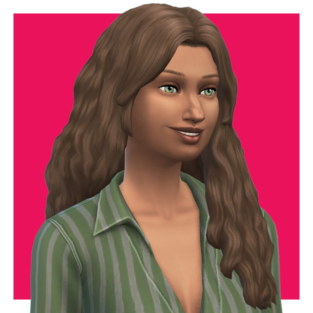 Una sim vistiendo un vestido de rayas verdes con cuello. Esta sim tiene el cabello castaño ondulado con una raya en medio y la mitad del cabello detrás de la espalda.