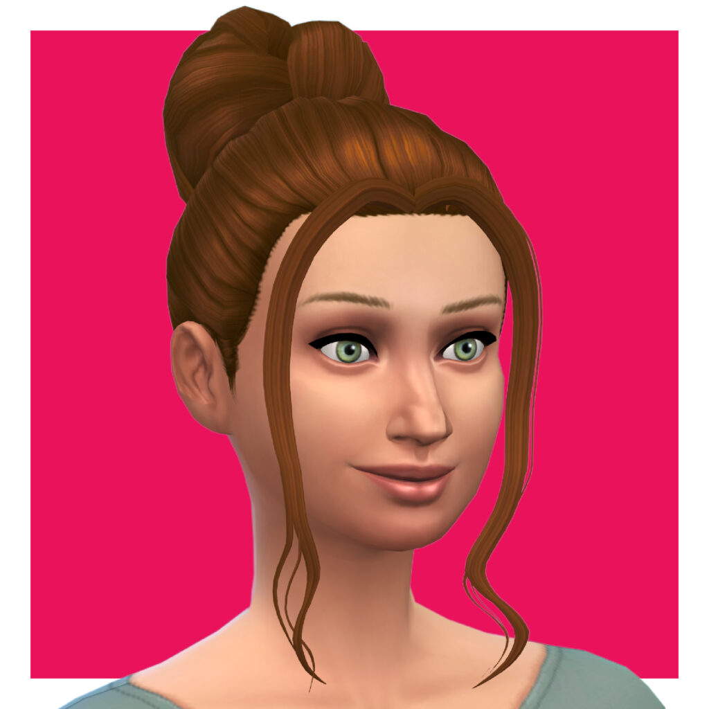 Un sim con cabello rojo en un moño alto en la parte superior de su cabeza. Tiene piezas que enmarcan el rostro y llegan hasta la barbilla.