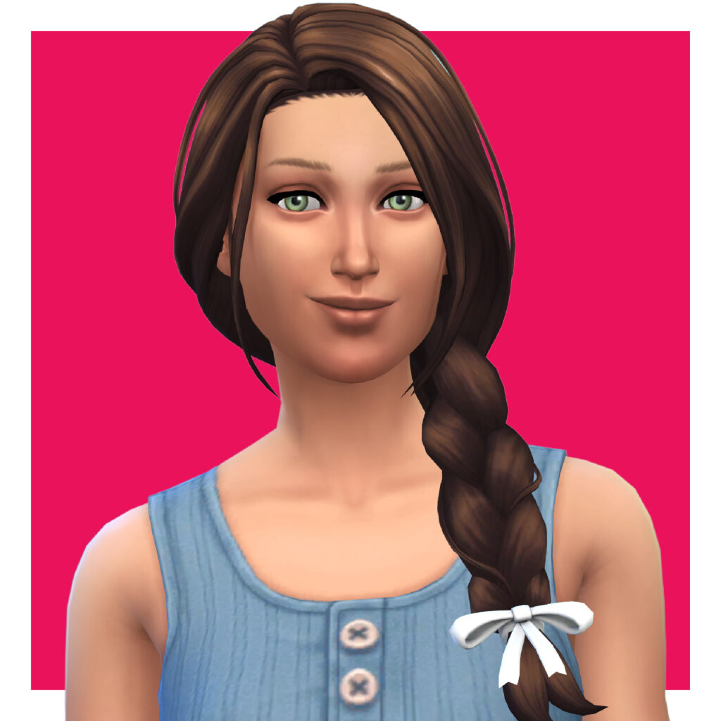 Una sim usando un top azul con botones en la parte delantera. Tiene el cabello recogido en una trenza lateral con un lazo blanco que lo sostiene.