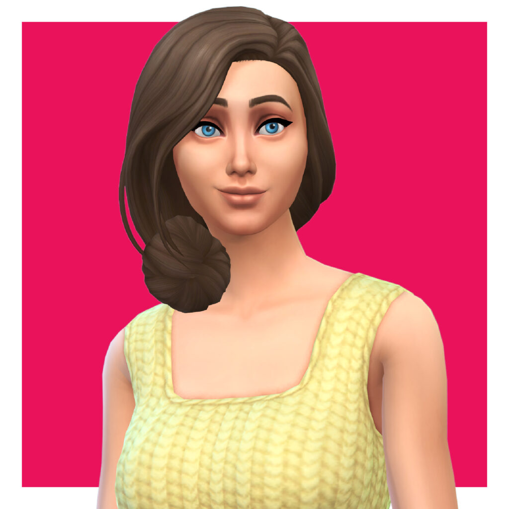 Un sim usando un top de punto amarillo. Este sim tiene su cabello castaño recogido en un moño lateral suelto.