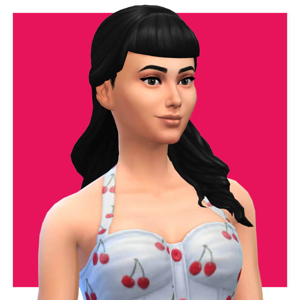 Una sim con cabello negro con flequillo corto y recto, con el cabello recogido a la mitad. Lleva un top blanco con cerezas rojas.