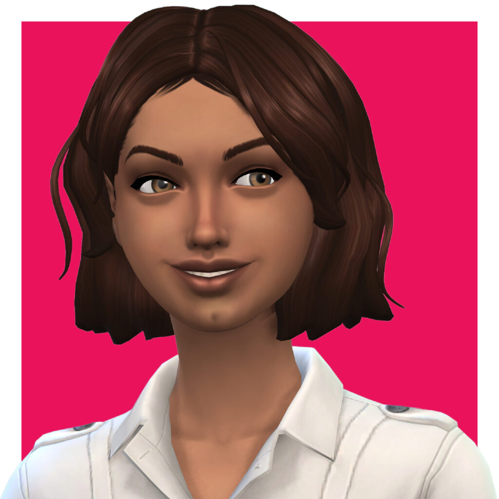 Un sim usando una camisa blanca abotonada. Tienen el pelo cortado justo debajo de las orejas.
