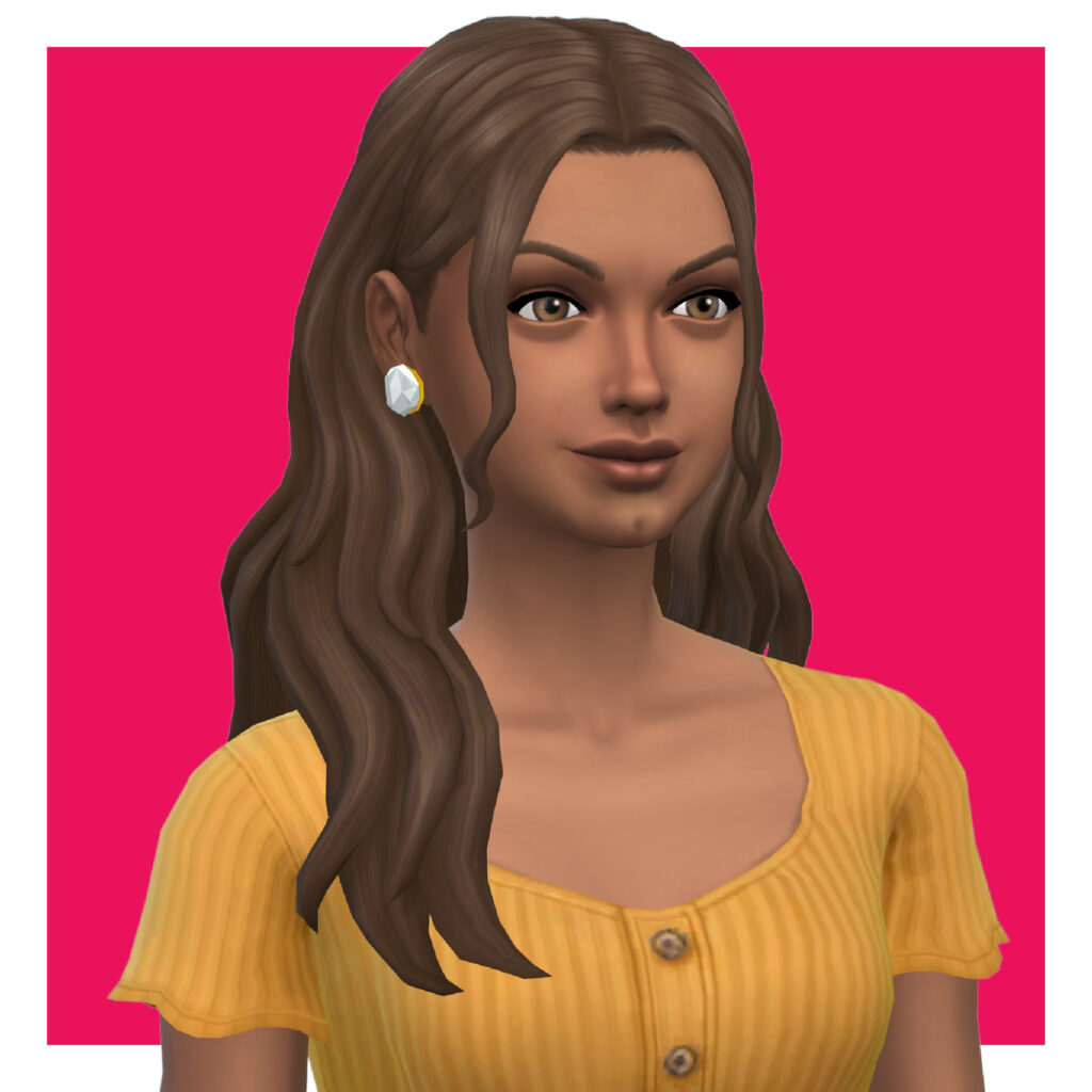 Un sim con cabello castaño ondulado donde se pueden ver sus orejas y lleva un pendiente blanco. Lleva una camiseta amarilla.