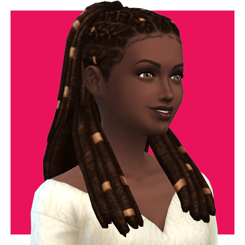 Un sim que mira hacia la derecha en un ángulo. Su cabello está en rastas medio recogidas y medio sueltas. Tiene adornos dorados en las rastas.