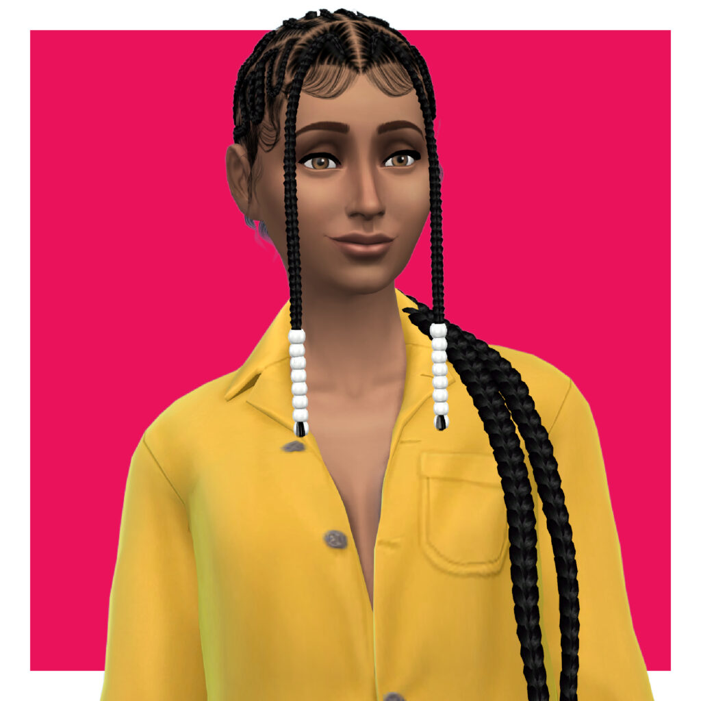 Un sim usando una camisa amarilla brillante abotonada con dos botones abiertos. Lleva el cabello en trenzas con cuentas blancas en los extremos.