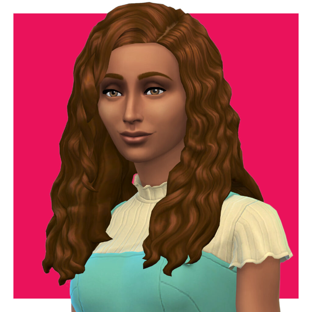 Un sim mirando ligeramente hacia un lado. Este sim tiene cabello castaño ondulado y con raya lateral.