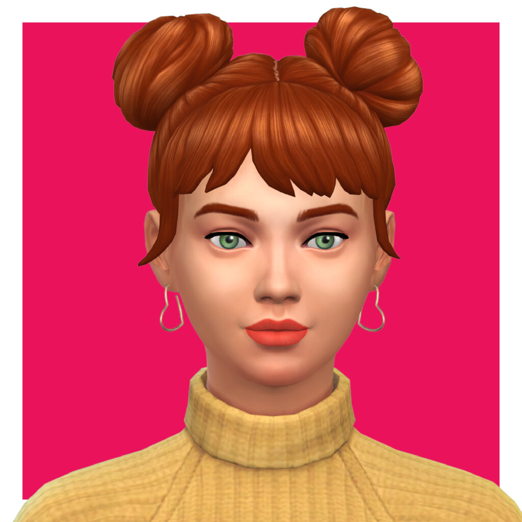 Un sim con cabello rojo y ojos verdes y pendientes de aro en forma de corazón.