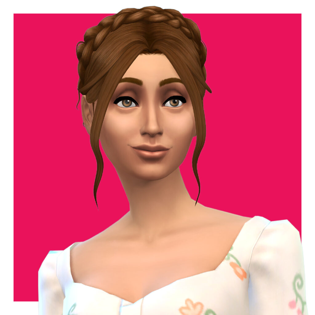 Una sim vistiendo un vestido blanco con flores. Su cabello está recogido en un moño con una trenza en forma de corona y dos mechones enmarcando el rostro.