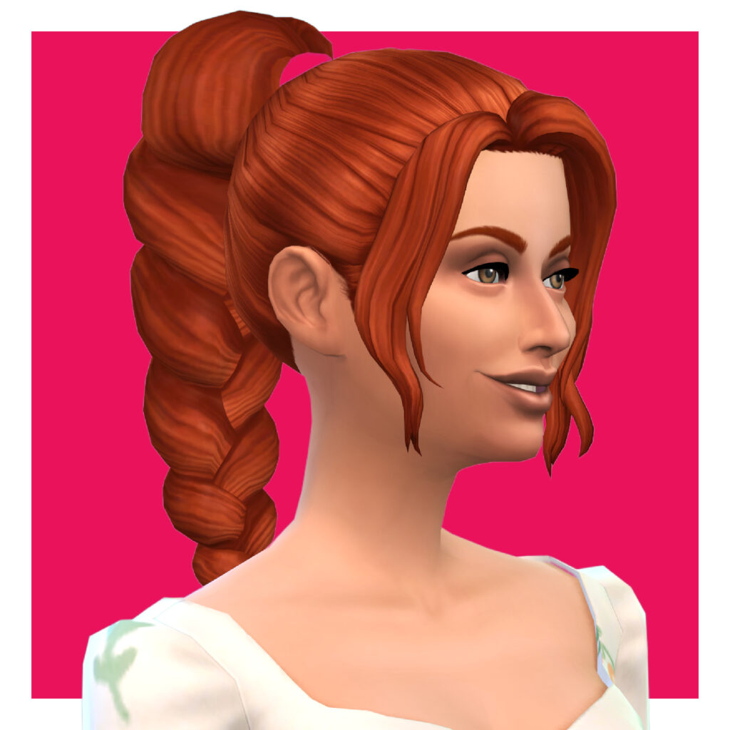 Un sim vistiendo un vestido de cuello ancho blanco con flores. Su cabello rojo está recogido en una cola de caballo trenzada alta y tiene una pieza enmarcando cada lado del rostro.