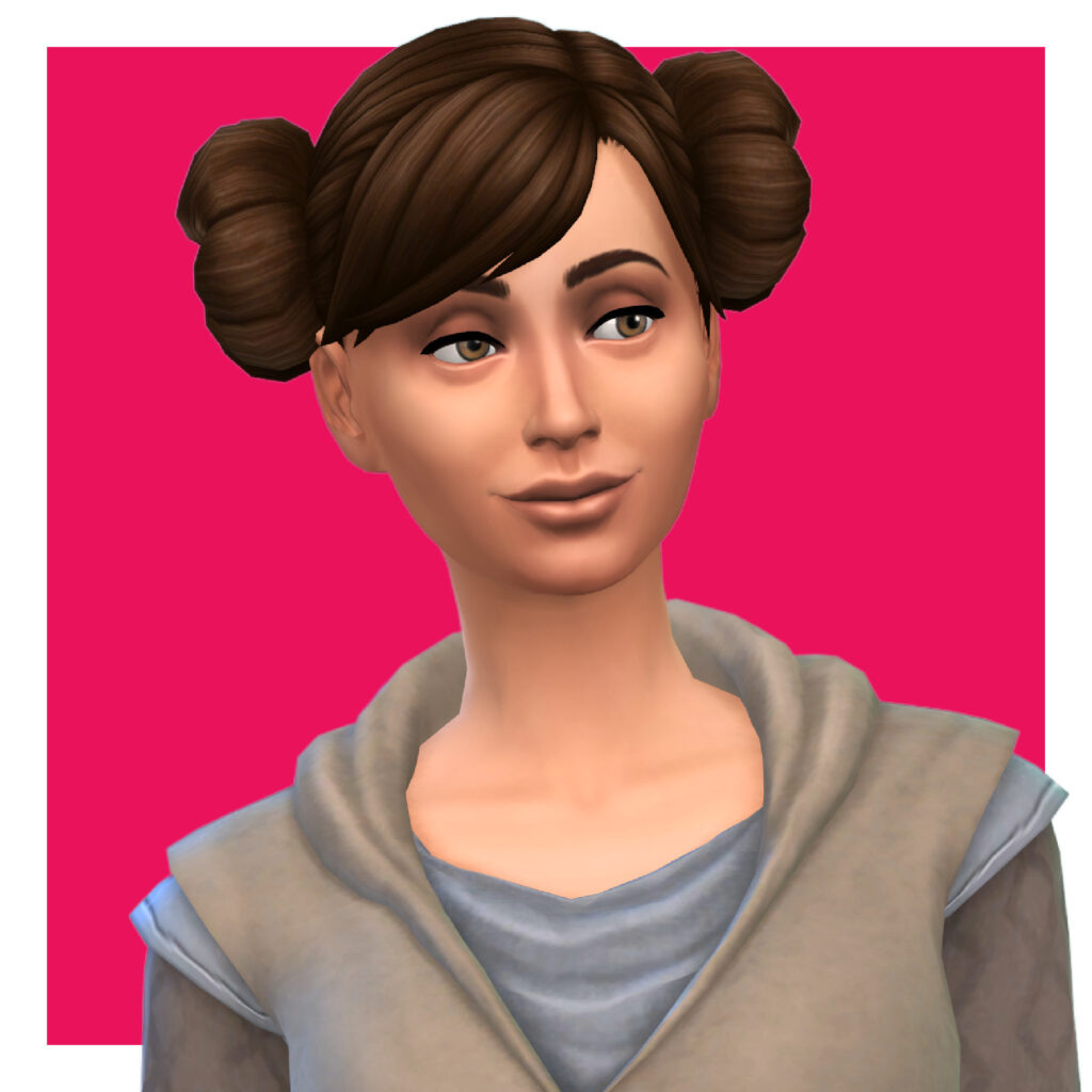 Un Sim vistiendo ropa de Star Wars con su cabello en moños de la Princesa Leia.
