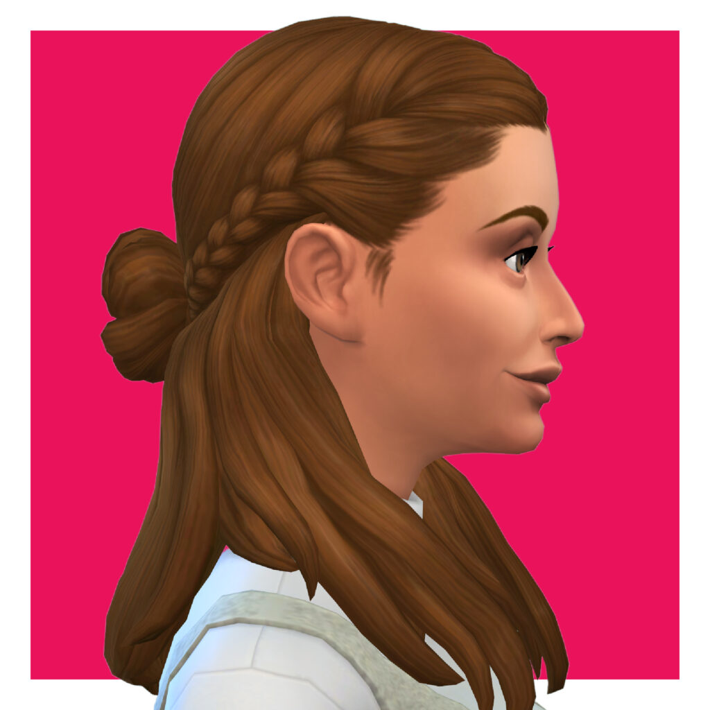 Un sim que mira hacia la derecha, donde solo se puede ver su perfil. Tiene el cabello castaño, trenzado desde la raya central hacia la parte posterior en un semirrecogido con un pequeño moño.