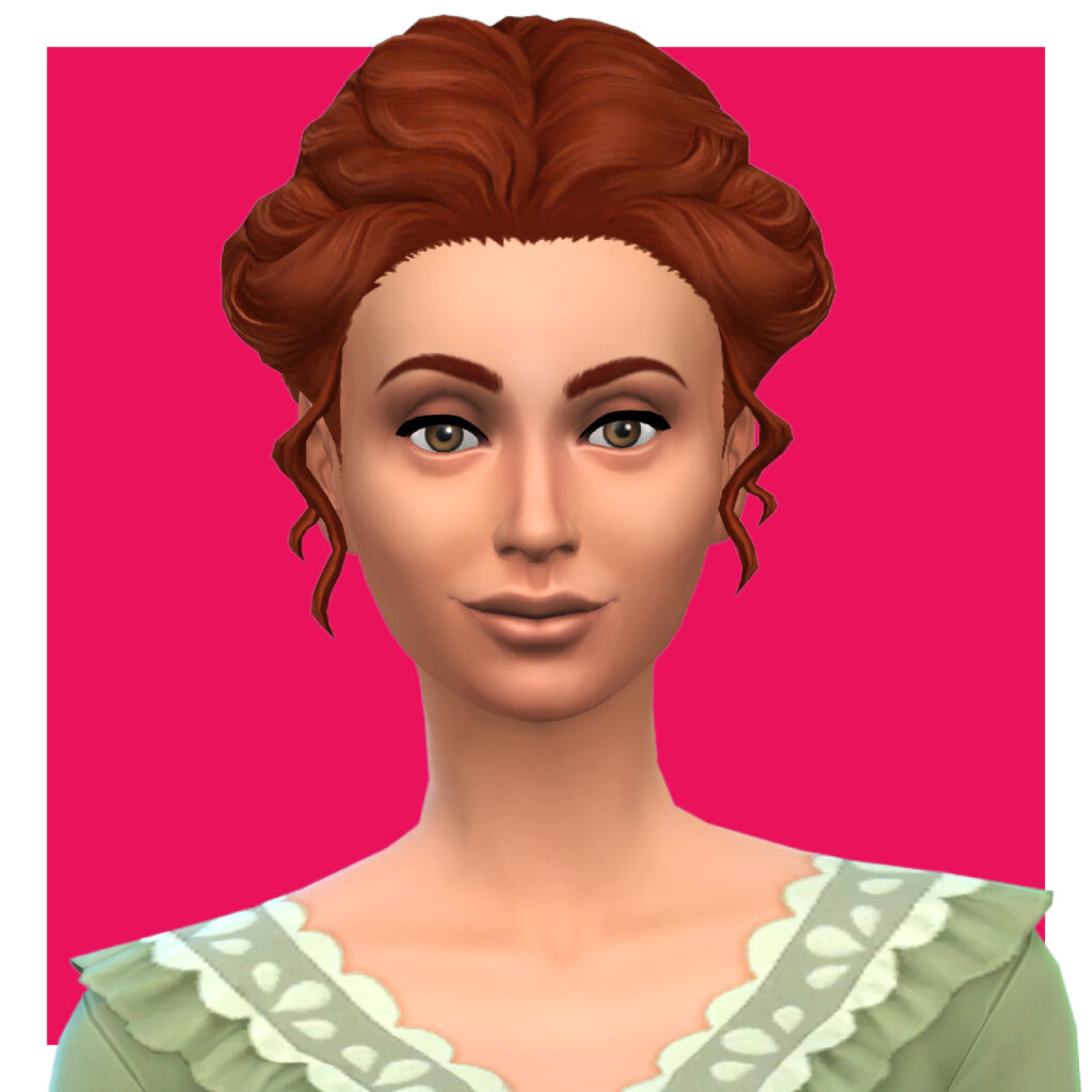 Un sim con su cabello rojo recogido. Lleva puesto un vestido verde de aspecto antiguo con encaje.