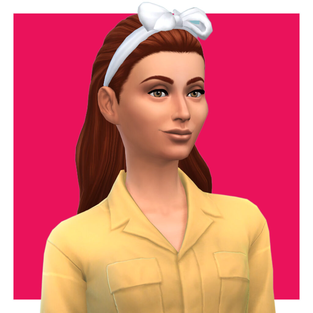 Un sim vistiendo un mono amarillo brillante. Este sim tiene cabello rojo que está sostenido con una cinta blanca, en la parte frontal de la cabeza hay un lazo blanco.