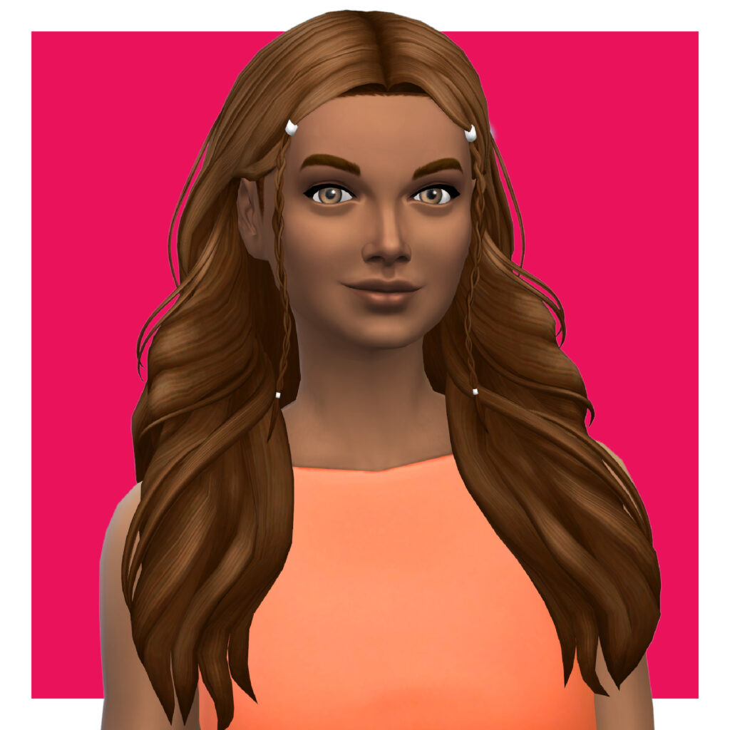Un sim con una camiseta naranja brillante. Tiene el cabello en rizos grandes y voluminosos con algunas trenzas en la parte delantera.