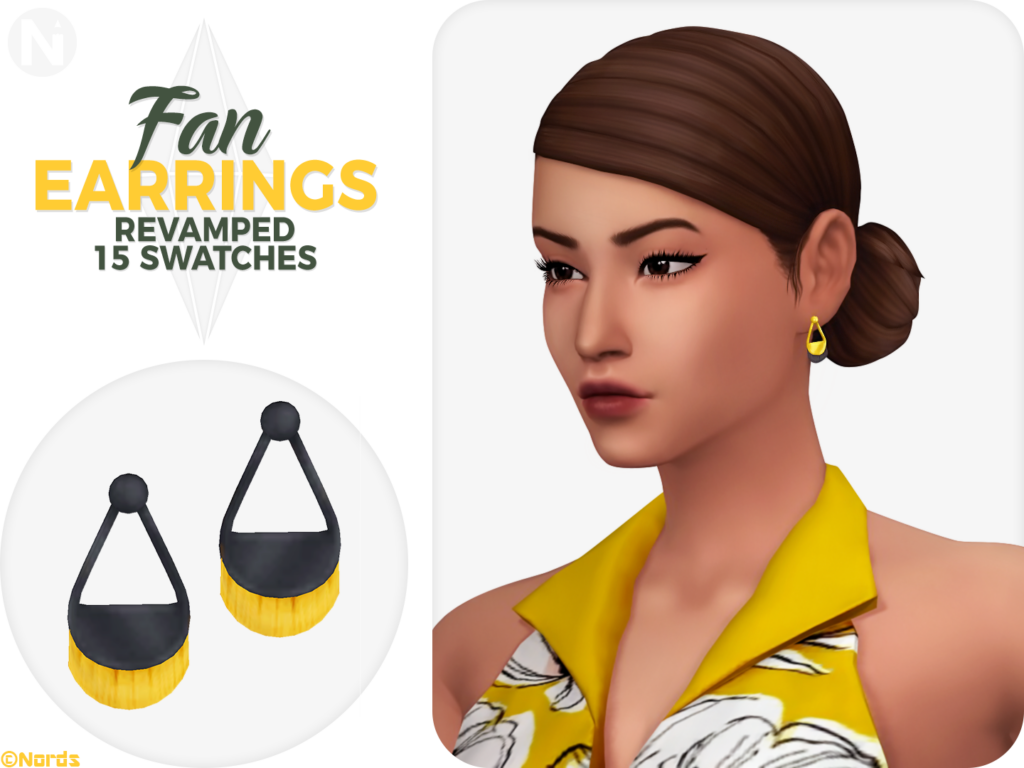 Un Sim con cabello castaño recogido en un moño en la parte de atrás de su cabeza. Lleva una camiseta amarilla brillante con halter y pendientes de abanico dorados.