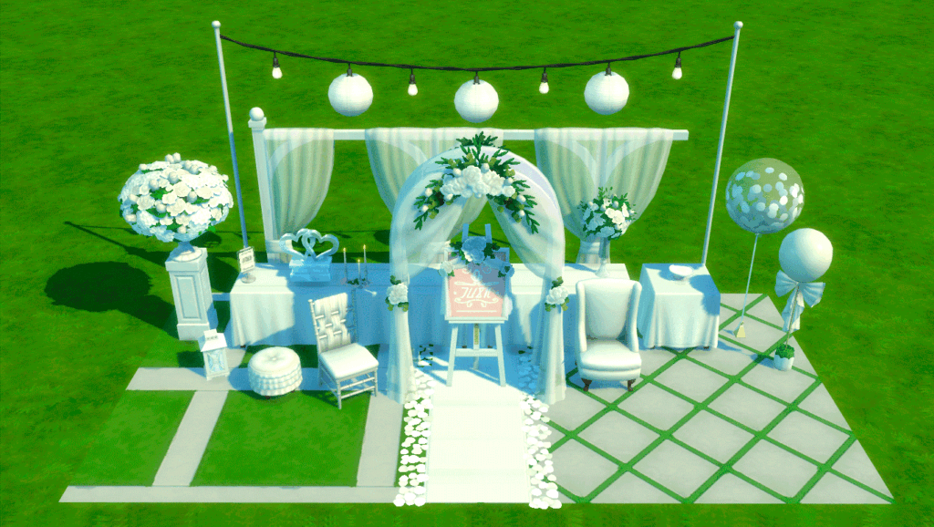 Un montón de decoración de bodas de Sims 4 CC blancas, incluyendo un arco, sillas, pasillos, globos y más.
