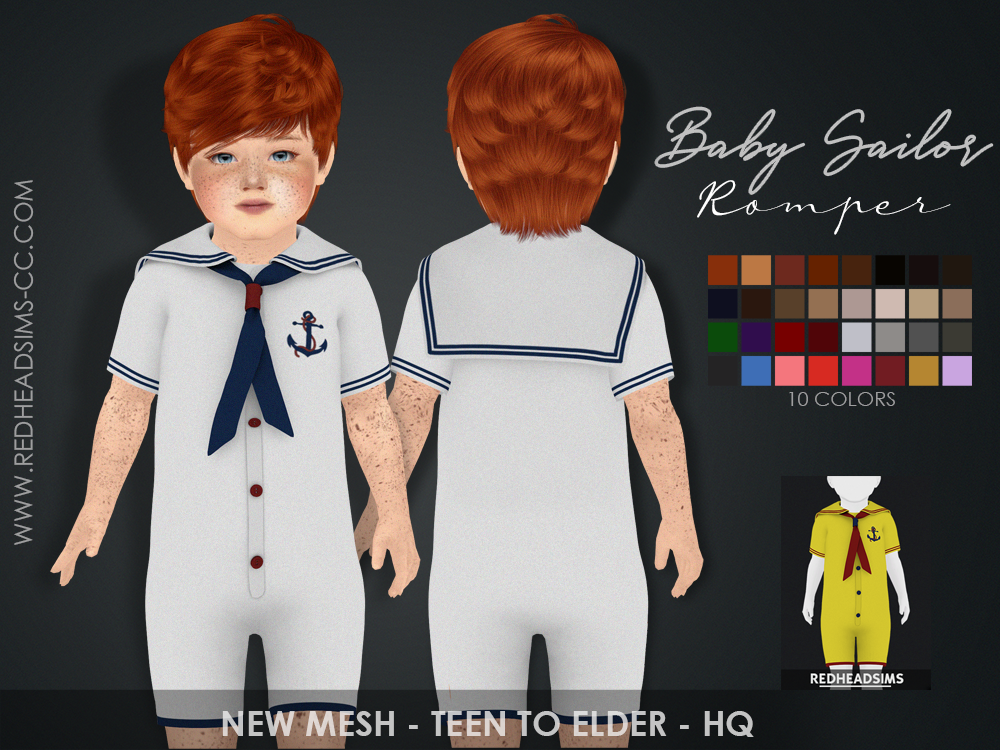 Un niño pequeño en Los Sims 4 vistiendo un atuendo de mono marinero en azul y gris