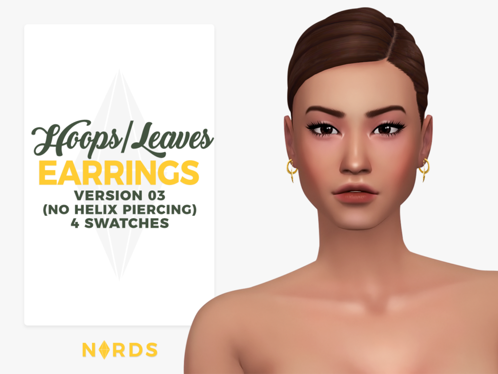 Un sim con el cabello castaño peinado hacia atrás y ojos marrones. Lleva puestos unos pequeños pendientes de aro con una pluma colgando en la parte inferior de sus pendientes cc de Sims 4.