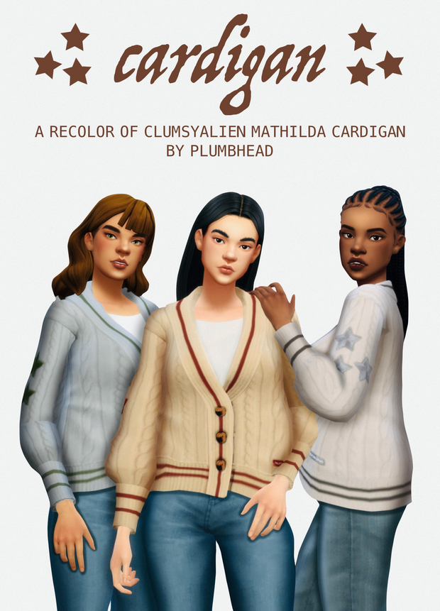 Tres sims diferentes usando cardigans de diferentes épocas de Taylor Swift.