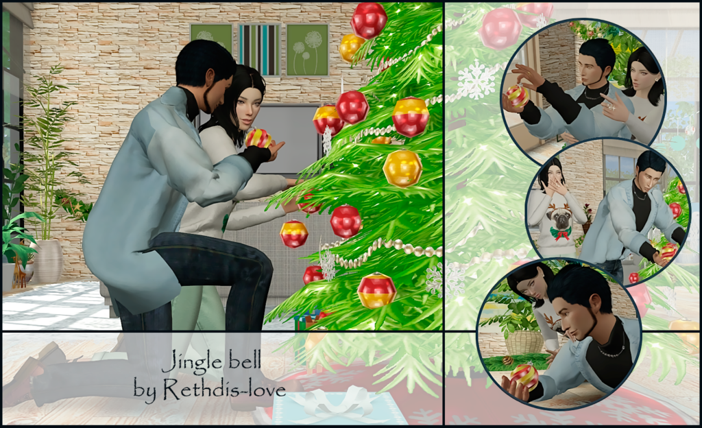 En el paquete de poses de Navidad Jingle Bell Sims 4, tus sims pasarán el rato y decorarán el árbol juntos con varias poses sosteniendo adornos