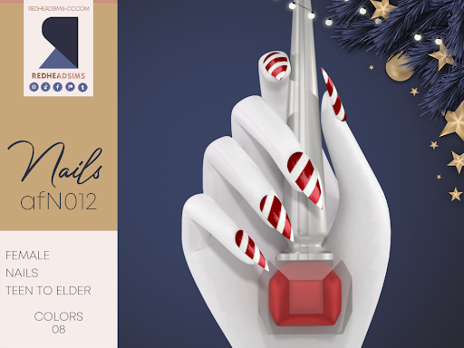 Una mano de maniquí alrededor de una botella puntiaguda de esmalte de uñas rojo, las uñas de CC navideñas de Los Sims 4 tienen forma de estilete con rayas de bastón de caramelo