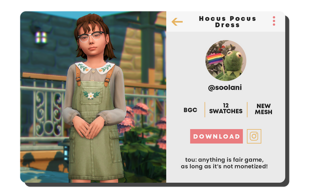 Una sim parada frente a una cabaña en Los Sims 4 vistiendo un lindo vestido en general que es una opción de vestidos CC para niños en Los Sims 4.