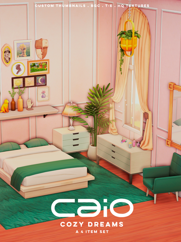 Una cama sin cabecera con una repisa encima, hay una mesita de noche y una cómoda a juego y una silla en verde oscuro, así como una alfombra que combina. 