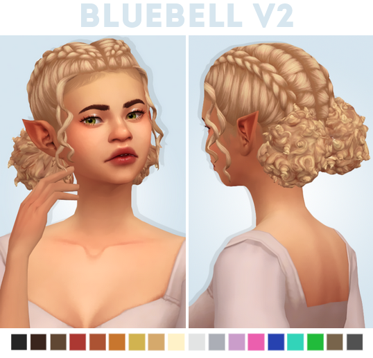 Un sim con el cabello trenzado en dos trenzas francesas desde la parte delantera que se convierten en dos moños grandes en la parte posterior de la cabeza. Sims 4 CC trenzas