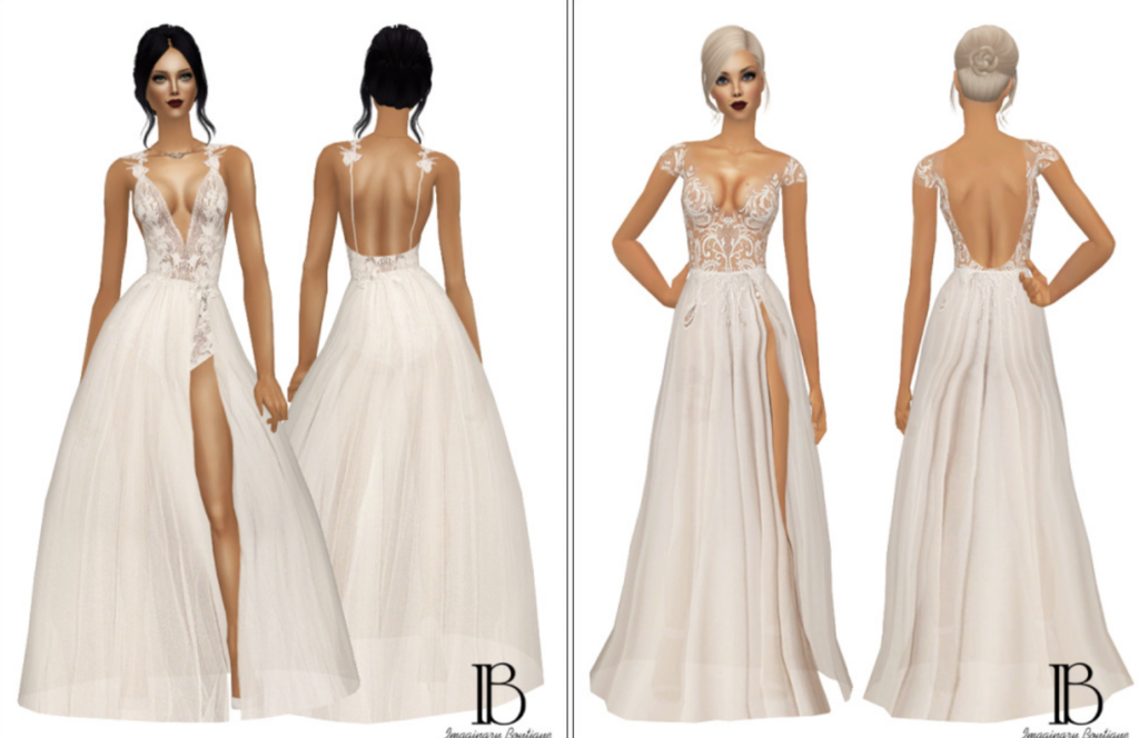 Dos Sims parados en vestidos de novia absolutamente hermosos que tienen aberturas largas y encaje en la parte superior